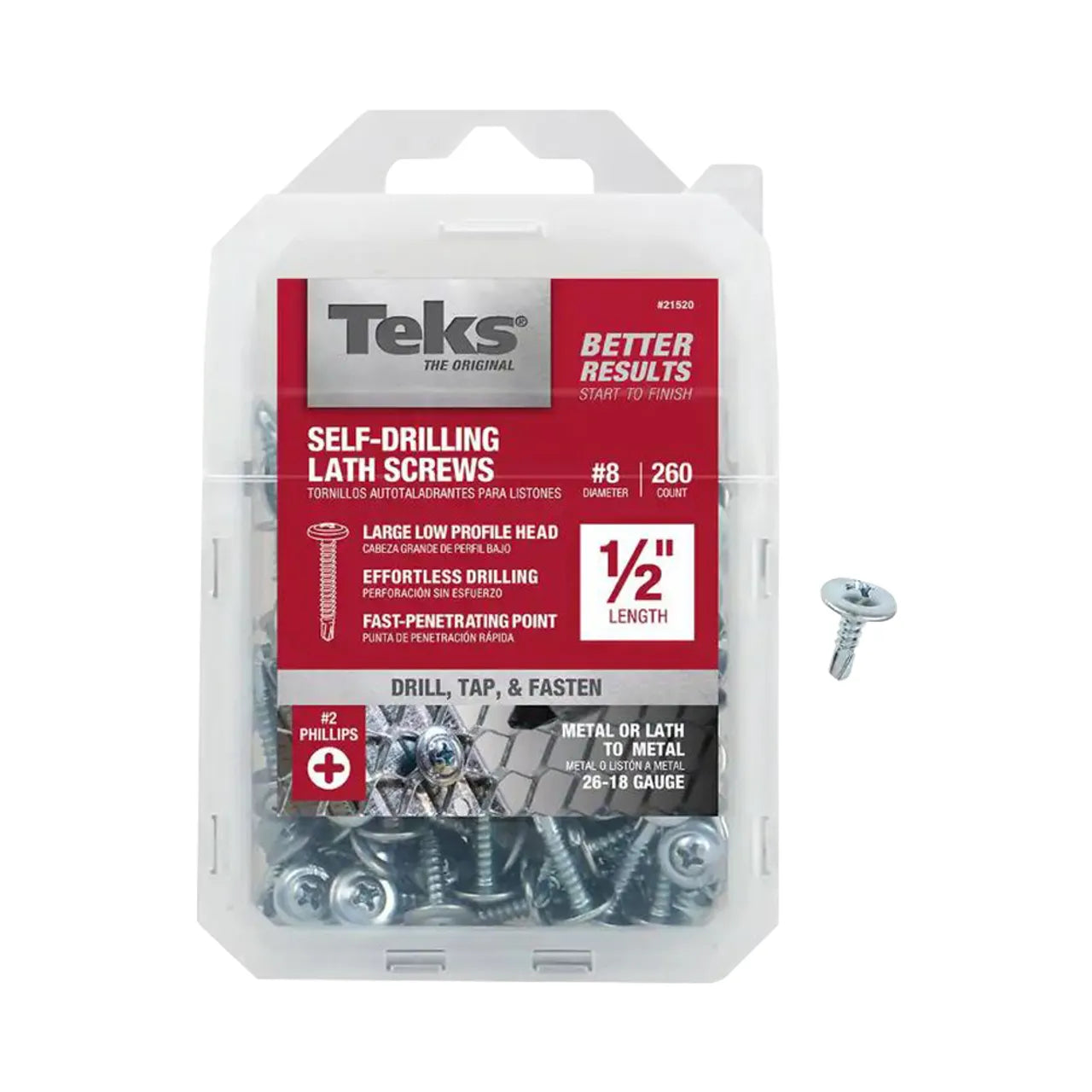Go Build #8 x 1/2 in. Zinc-Plated Steel Phillips Truss-Head Drill Point Lath Screws, 260-pack, shown in a clear box with one screw displayed outside. Features large truss-head, drill point, and Phillips drive highlighted on packaging.